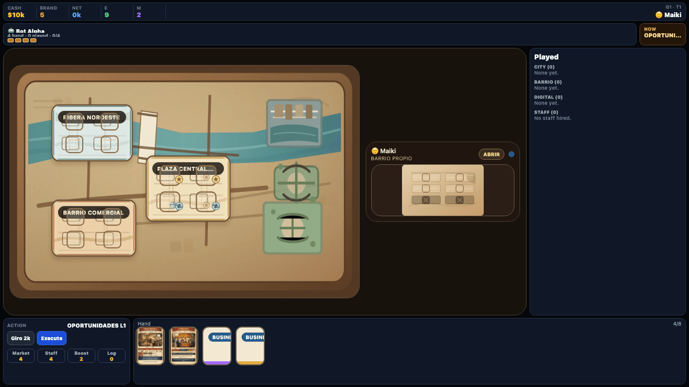 Business Empire Expo prototype showing the board, hand, player panel, and current action
