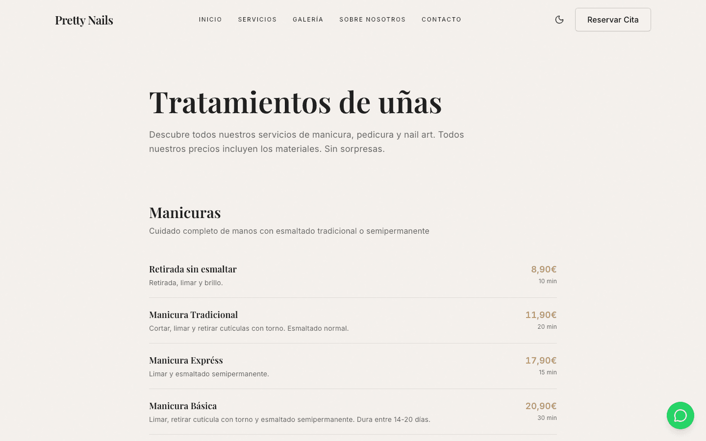 Pretty Nails Zaragoza services and pricing page