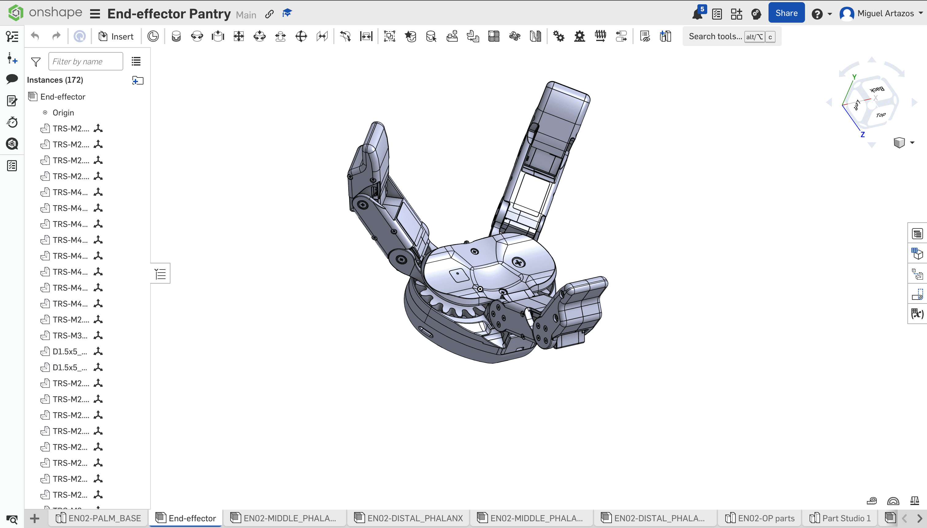 Onshape CAD screenshot of the in-progress pantry robot end effector